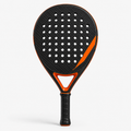 Teardrop Power Padel Paddle in black carbon with orange accents, front view