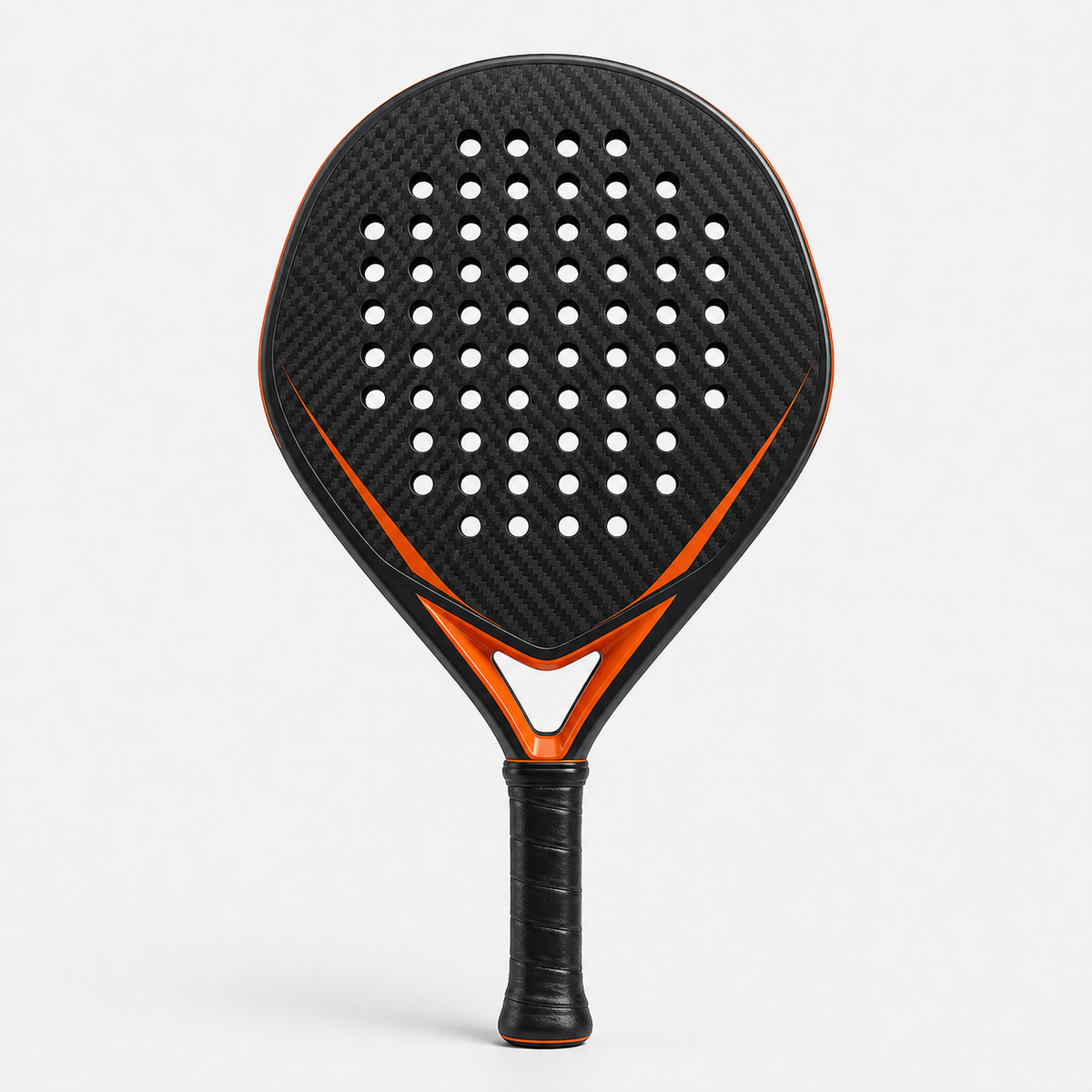 Diamond Power Padel Paddle in black carbon with orange trim, front view