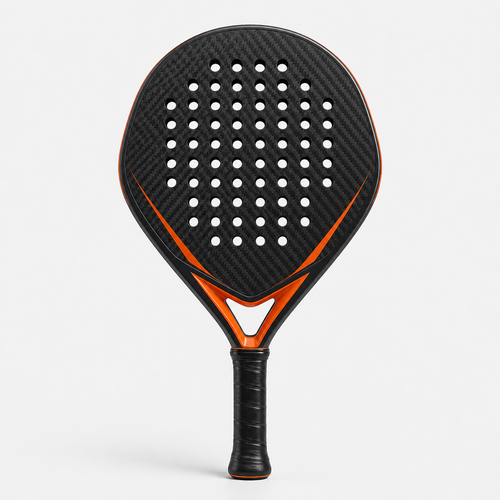 Diamond Power Padel Paddle in black carbon with orange trim, front view