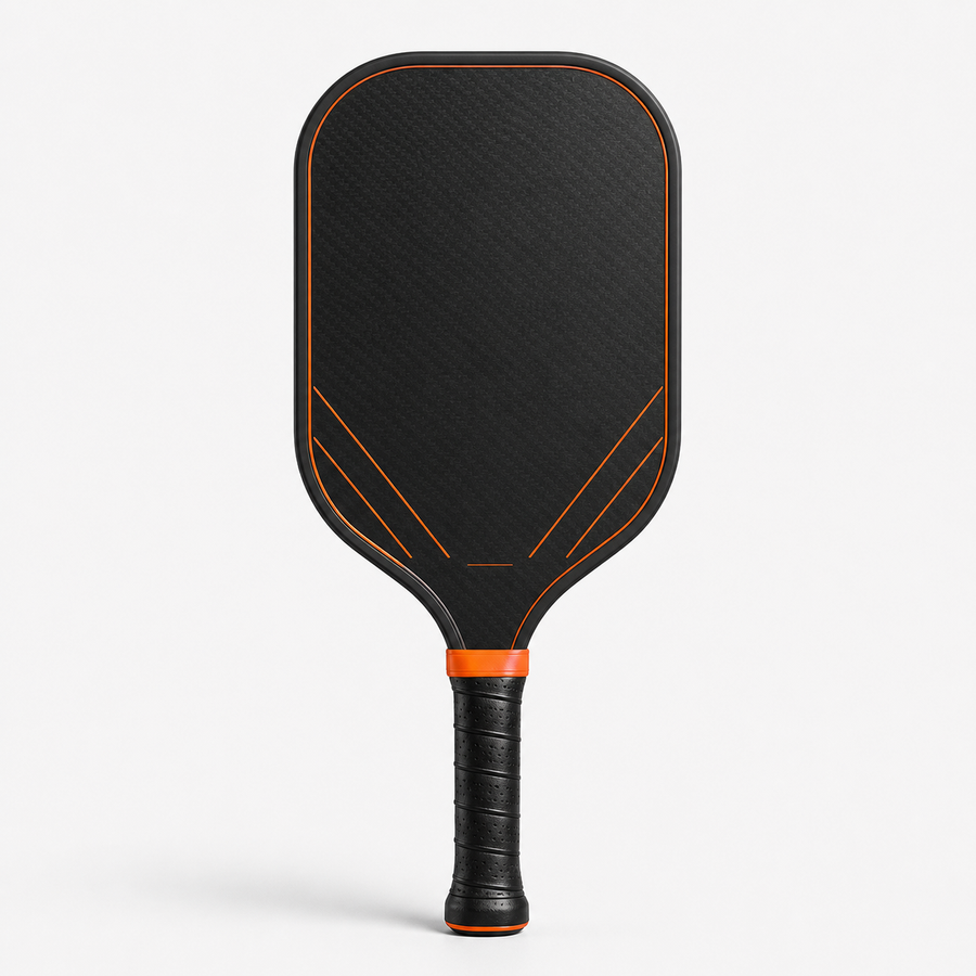 Graphite Pickleball Paddle in matte black with orange accents, front view
