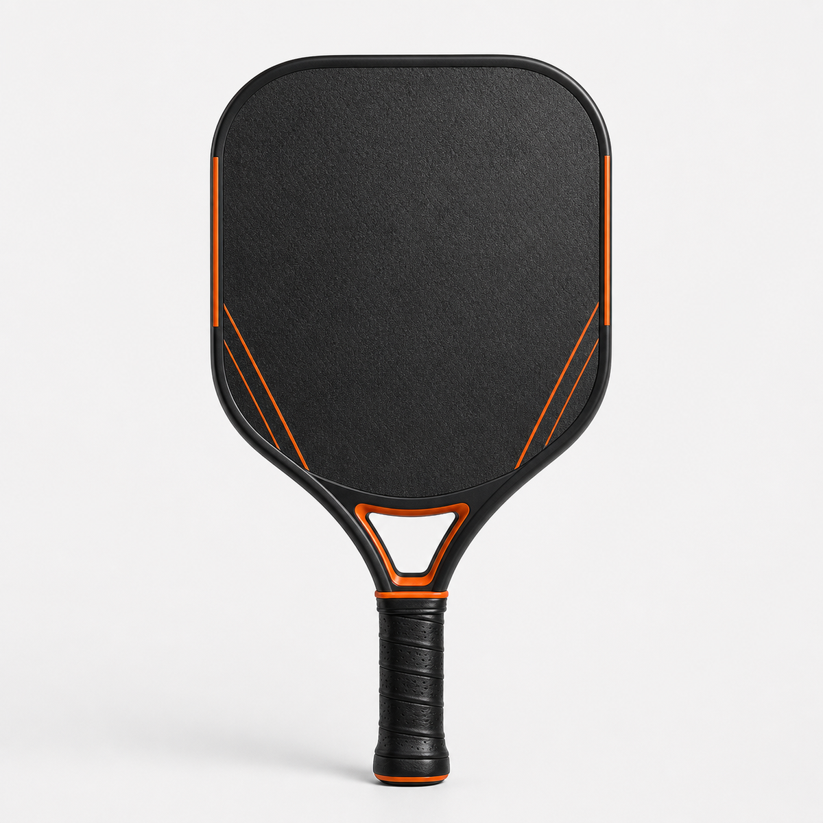 Widebody Spin Pickleball Paddle in textured black with orange trim, front view