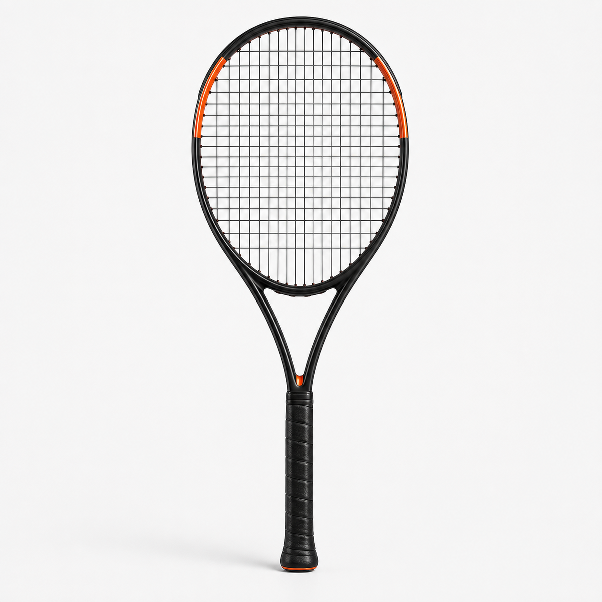 Performance Tennis Racket in black with orange accents at the throat and head