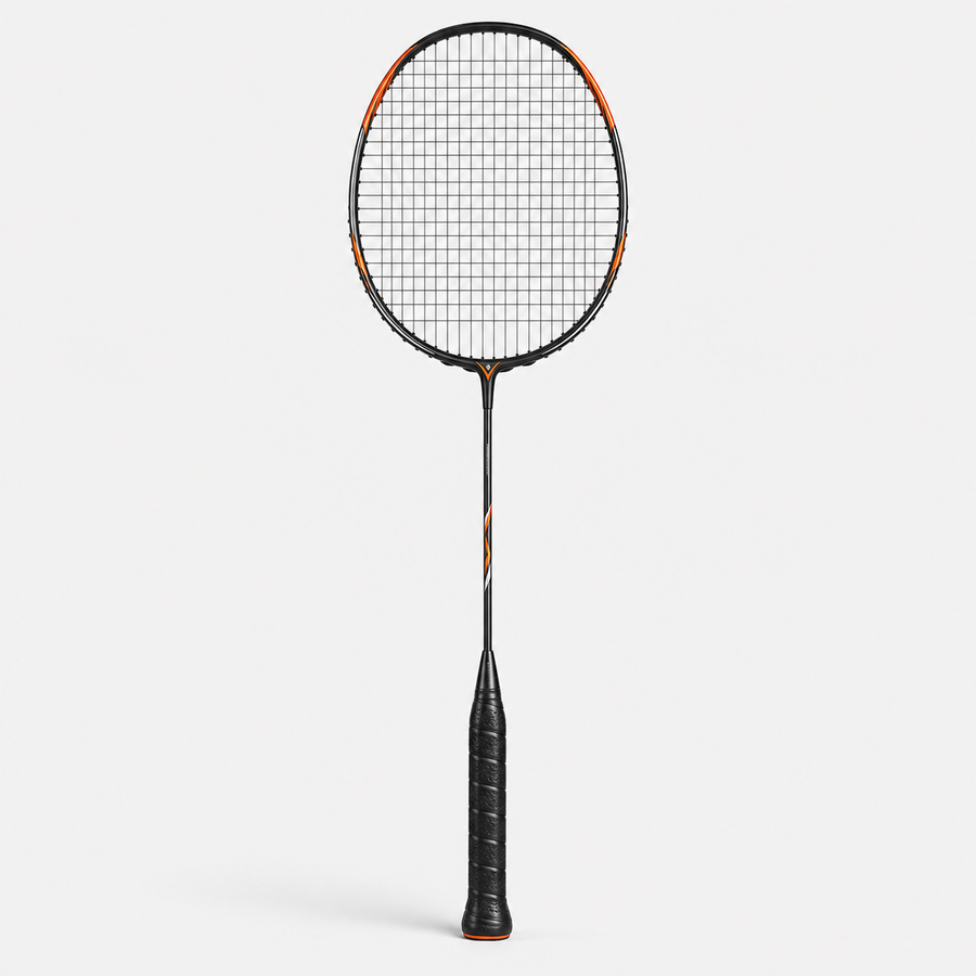 Badminton Control Racket in black with orange accents, full view