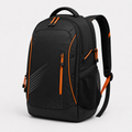 Black racket sport backpack with orange zippers and accents