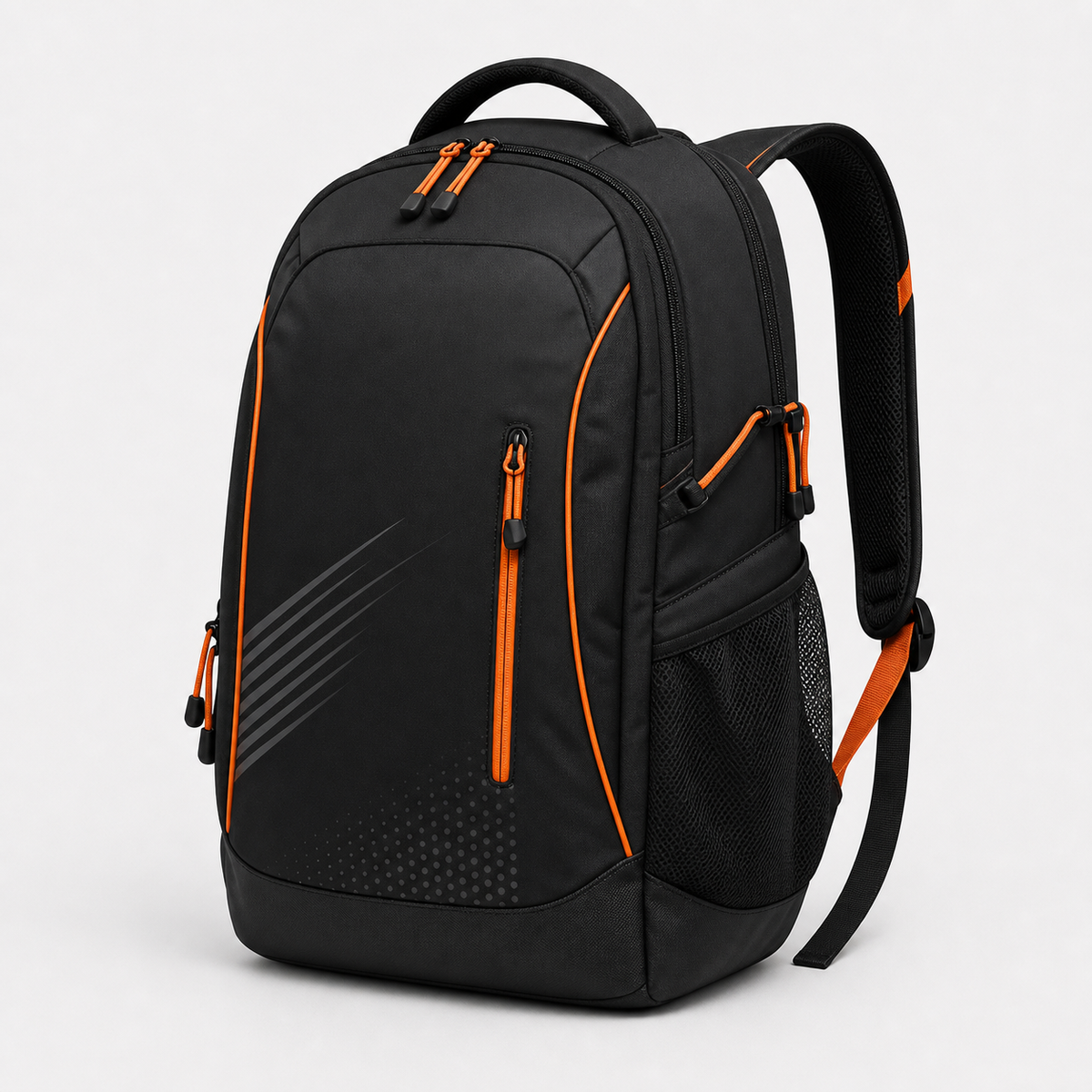 Black racket sport backpack with orange zippers and accents
