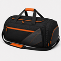 Large black racket duffel bag with orange handles and trim