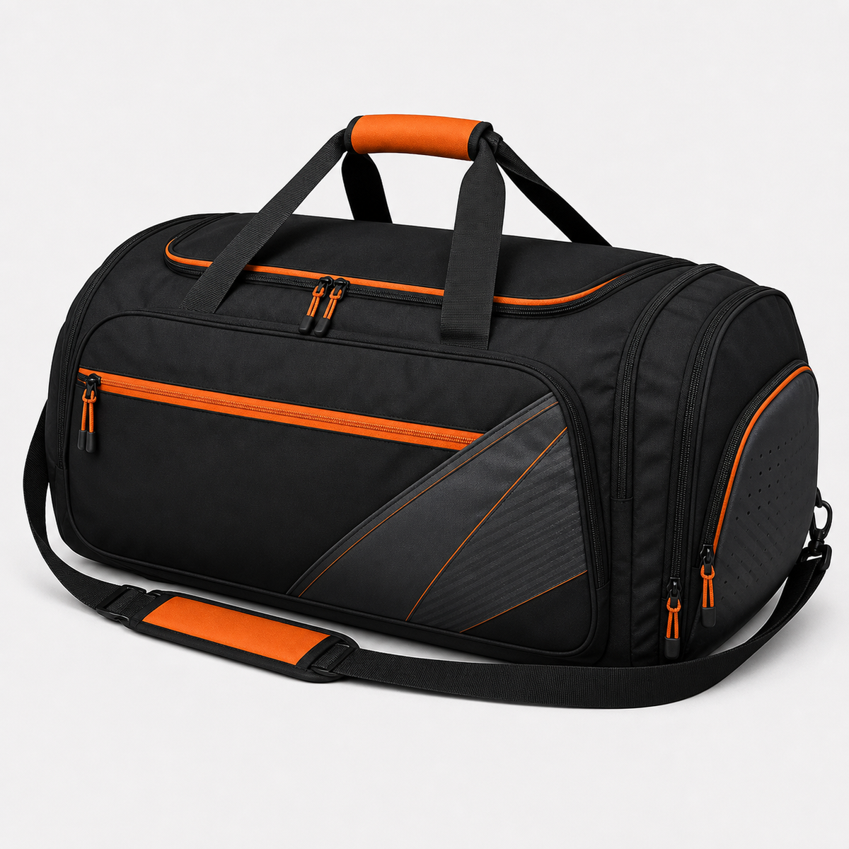 Large black racket duffel bag with orange handles and trim