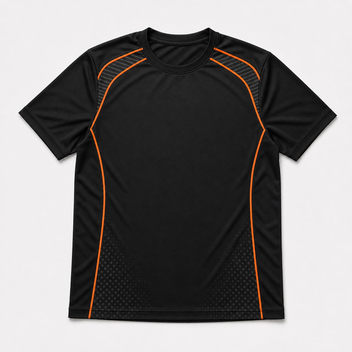 Black performance t-shirt with orange piping details