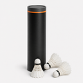 Black shuttlecock tube with orange lid and feather shuttlecocks