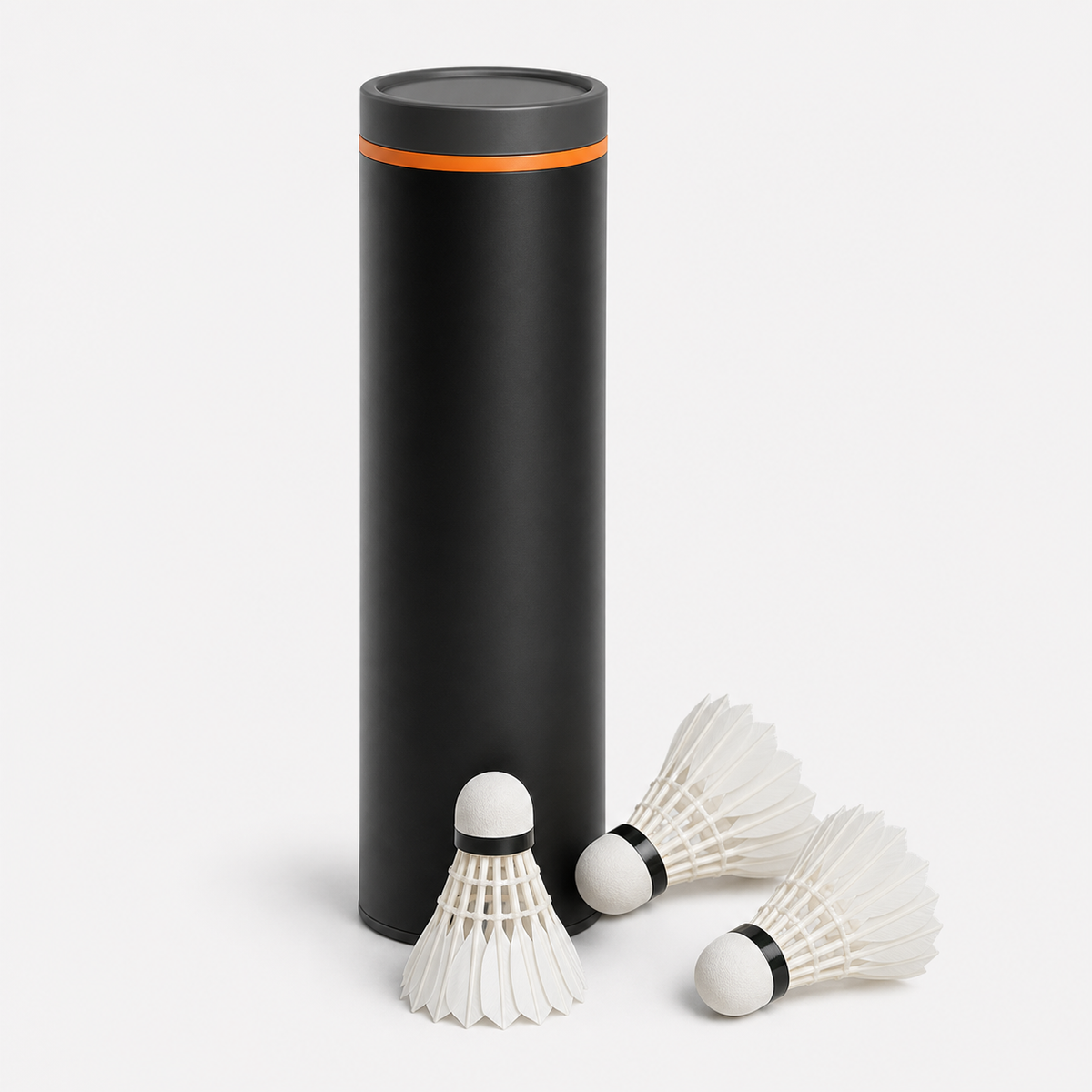 Black shuttlecock tube with orange lid and feather shuttlecocks